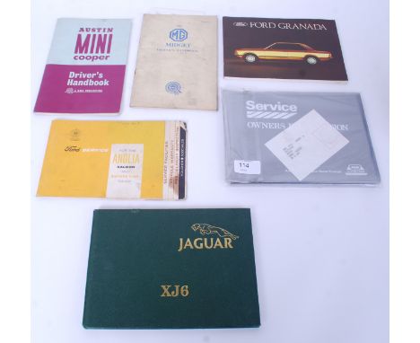 A good collection of 6x vintage car owners manuals, to include; Ford Anglia Saloon, Austin Mini Cooper, Jaguar XJ6, Ford Gran