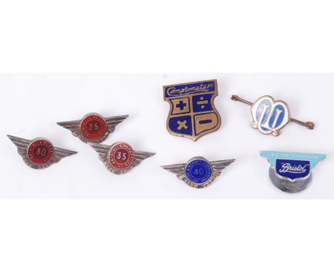 A collection of vintage enamel badges- Bristol Aircraft Ltd. 25 Years, 30 Years, 355 years, 40 Years Service along with an En