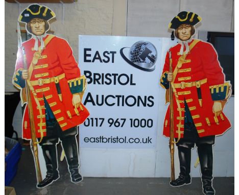 LIFESIZE FIGURES: A pair of lifesize wooden laminated figures of British Redcoat soldiers. Approx 6" tall, with printed featu
