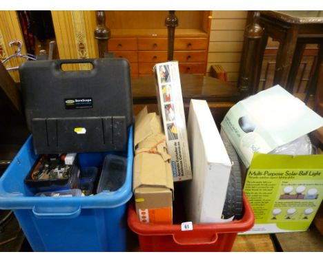 Parcel of miscellaneous garage car fixings including a ring borescope inspection camera, tile cutter, outside wall clock and 
