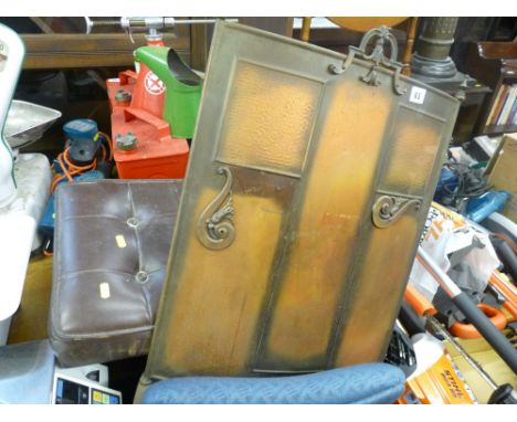 Copper? and metal curved firescreen and a vintage leather effect footstool