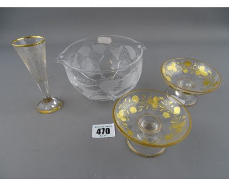 Vintage glass rinsing bowl, two gilt decorated sweetmeat dishes and a wheel cut and gilt decorated vintage sherry glass