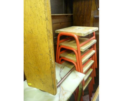 Six stacking wooden seated metal stools and a bench stool