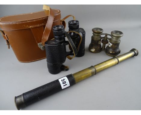 Set of Dolland, London Owlac 9x35 binoculars in carry case, a small three draw telescope and a pair of French Jockey Club fie