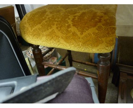 Vintage upholstered topped stool, two items of luggage and a locking document case with keys