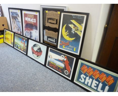 Parcel of vintage motoring prints including Shell, Rolls Royce, Monaco etc