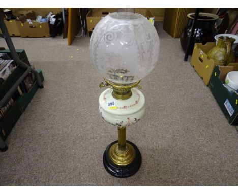 Good Victorian oil lamp with painted glass font and etched shade
