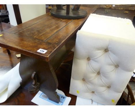 Low oak rectangular table, small carved two tier example, French style pot cupboard and a button upholstered box seat stool