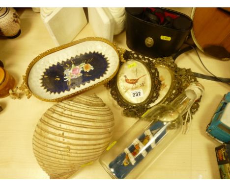 Parcel of ornamental items including a German trinket tray, shelf, ship in bottle, binoculars etc