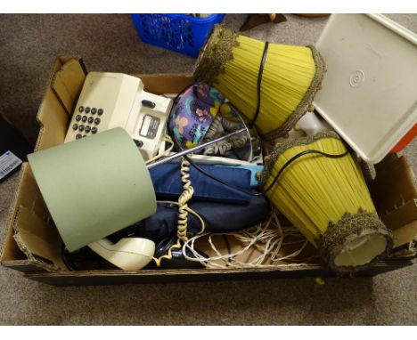 Box of household items including table lamps, vintage telephones etc