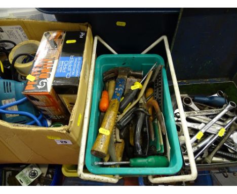 Box containing drill, extension lead, Pro-Clipper Professional hair cutting set, small plastic tub of hand tools, hammer, scr