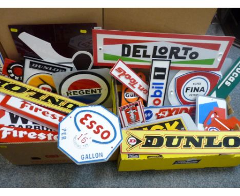 Two boxes of motoring accessories brand names, advertising signs - NGK, Firestone, BP, Total etc