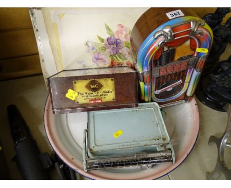 Quantity of vintage tins, scales, maps and sketches etc