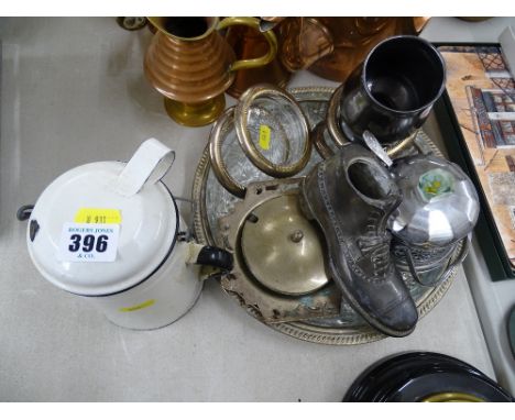 Vintage enamel lidded container, plated and other metalware and glass trays