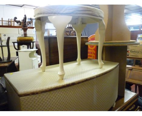 Parcel of furniture comprising white diamond pattern ottoman, small dressing table stool and two occasional tables