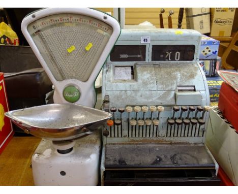 Vintage NCR cash register and a set of Avery scales