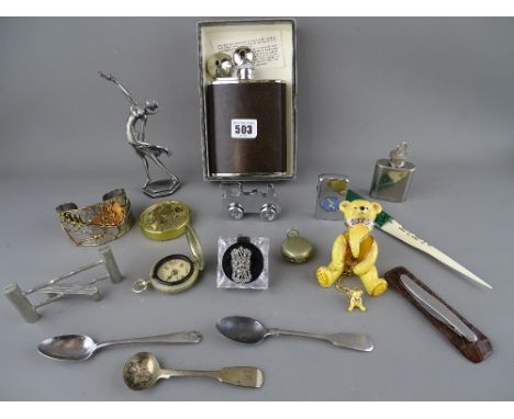 Box of collectables including an ivory and malachite paper knife, a white metal sovereign case, a cased vintage compass etc
