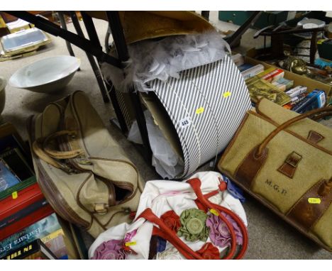 Vintage hat box and contents along with three various bags