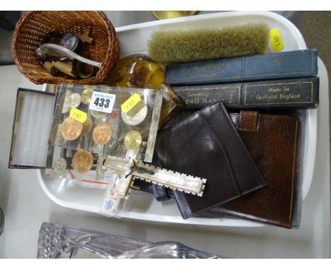 Mother of pearl cross, vintage bosun's whistle (boxed), cut throat razors etc