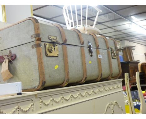 Wooden banded travel trunk, initialled 'R J P'