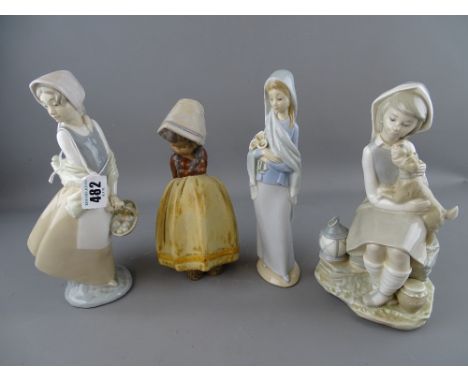 Three Lladro and one Nao figurines of young girls, various poses