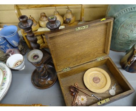 Treen shelf rack, barley twist candlesticks etc