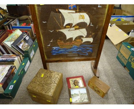 Tapestry firescreen, carved wooden box and other treen items