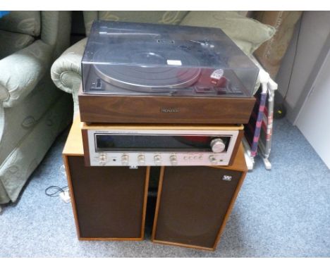 Vintage Pioneer turntable and stereo receiver with a pair of Wharfedale speakers E/T