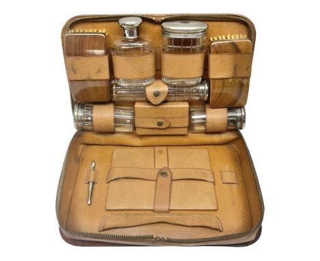 Mappin &amp; Webb leather cased campaign gentleman's vanity set, the tan leather case opening to reveal fitted interior with 