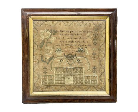 Victorian needlework sampler showing a mansion with cherubs and flowers, marked to the centre, 'Be Christ my pattern and my g