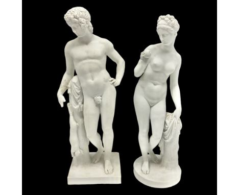Royal Copenhagen Parian ware figure, modelled as Adonis, standing contrapposto by a tree trunk, together with a similar Paria