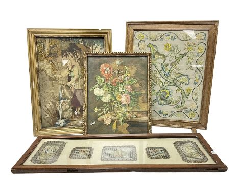 20th century tapestry, converted into a fire screen depicting floral sprigs in a blue border, together with two other framed 