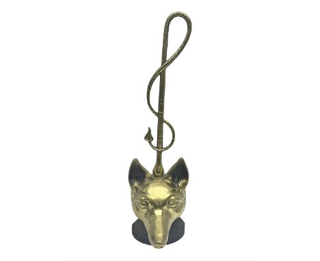 Brass fox mask and hunting whip door stop, H46cm