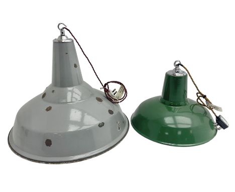 Two enamel industrial light shades, comprising a larger grey example and smaller green example, largest H40cm