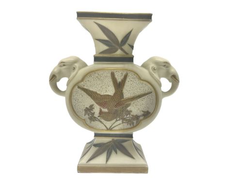 19th century Royal Worcester aesthetic movement vase in blush ivory, the rectangular neck above twin pierced elephant mask ha