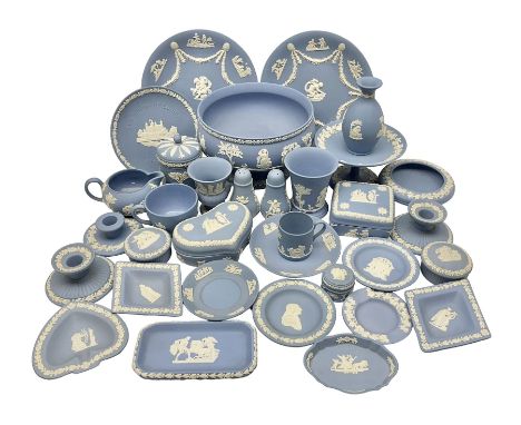 Collection of Wedgwood jasperware, to include footed fruit bowl, salt and pepper shakers, footed dish, plates, cups and sauce