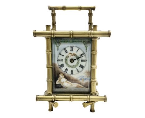 Asian -  20th century 8-day brass carriage timepiece, with painted enamel panels in a contemporary bamboo style case,  jewell