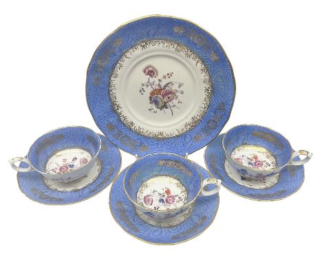 Set of three Victorian teacups and saucers, with matching dessert plate, decorated with a watered silk blue boarder and hand 