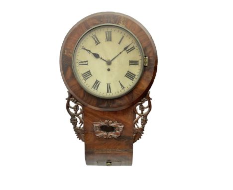 English - 19th century 8-day Fusee wall clock in a mahogany case, with a plain veneered dial surround, carved ear pieces and 
