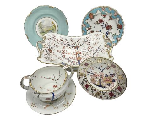 19th century Royal Crown Derby in cherry tree pattern, twin handled sauce dish and saucer and twin handled dish, together wit