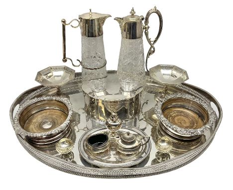 Pair of Mappin and Webb silver plate pierced pedestal bon bon dishes, together with other silver plate comprising teapot stan