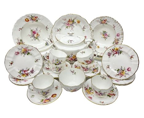 Royal Crown Derby Posies pattern tea service for six, comprising teapot, milk jug, open sucrier, cups and saucers, dessert pl