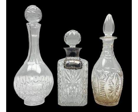 Silver mounted cut glass decanter, with silver collar and glass stopper, hallmarked JP, Birmingham, 1972, with silver scotch 