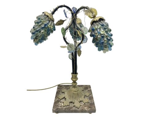 20th century continental table lamp, three scrolled branches entwined with gilded wire, vine leaves and green and blue glass 