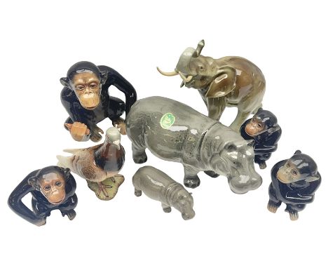 Large Sylvac monkey together with three smaller monkeys, together with Beswick Pigeon no 1383, Melba Ware hippo and baby and 