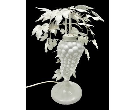 Table lamp, scrolled branches entwined with vine leaves and a milk glass grape shade, H52cm