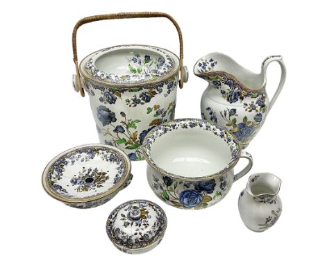 Copeland Spode toilet set in blue flower pattern, comprising wash jug, slop bucket, two soap dishes, toothbrush holder and ch