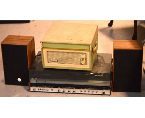 A retro Dansette record player, a Marconiphone music centre and a pair of speakers (4).