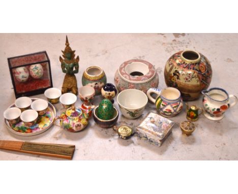 An Oriental collectors' lot comprising hand-painted fan and ceramics to include a miniature Chinese tea service etc.