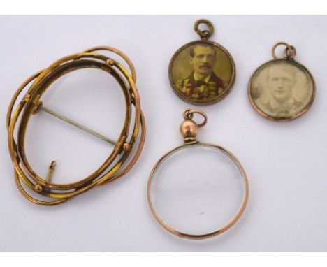 A 9ct yellow gold scrolling frame and three further 9ct/yellow metal miniature portrait frames (4).